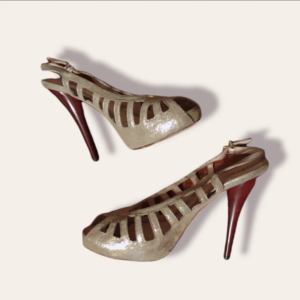 Fendi Gold Peep Toe Cage Slingback Heels - Picture 5 of 7